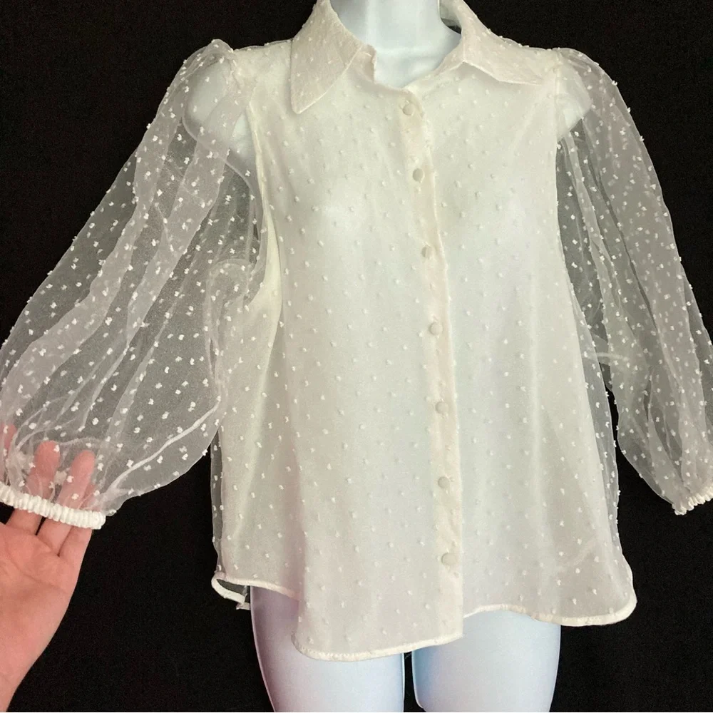 Zara White Swiss Dot Sheer Puff Sleeve Organza Button Up Blouse, Sz S